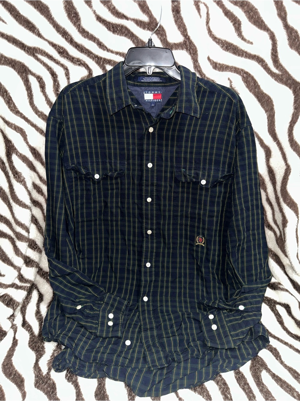 Tommy Hilfiger Men’s Navy Green Plaid Button-Up Shirt